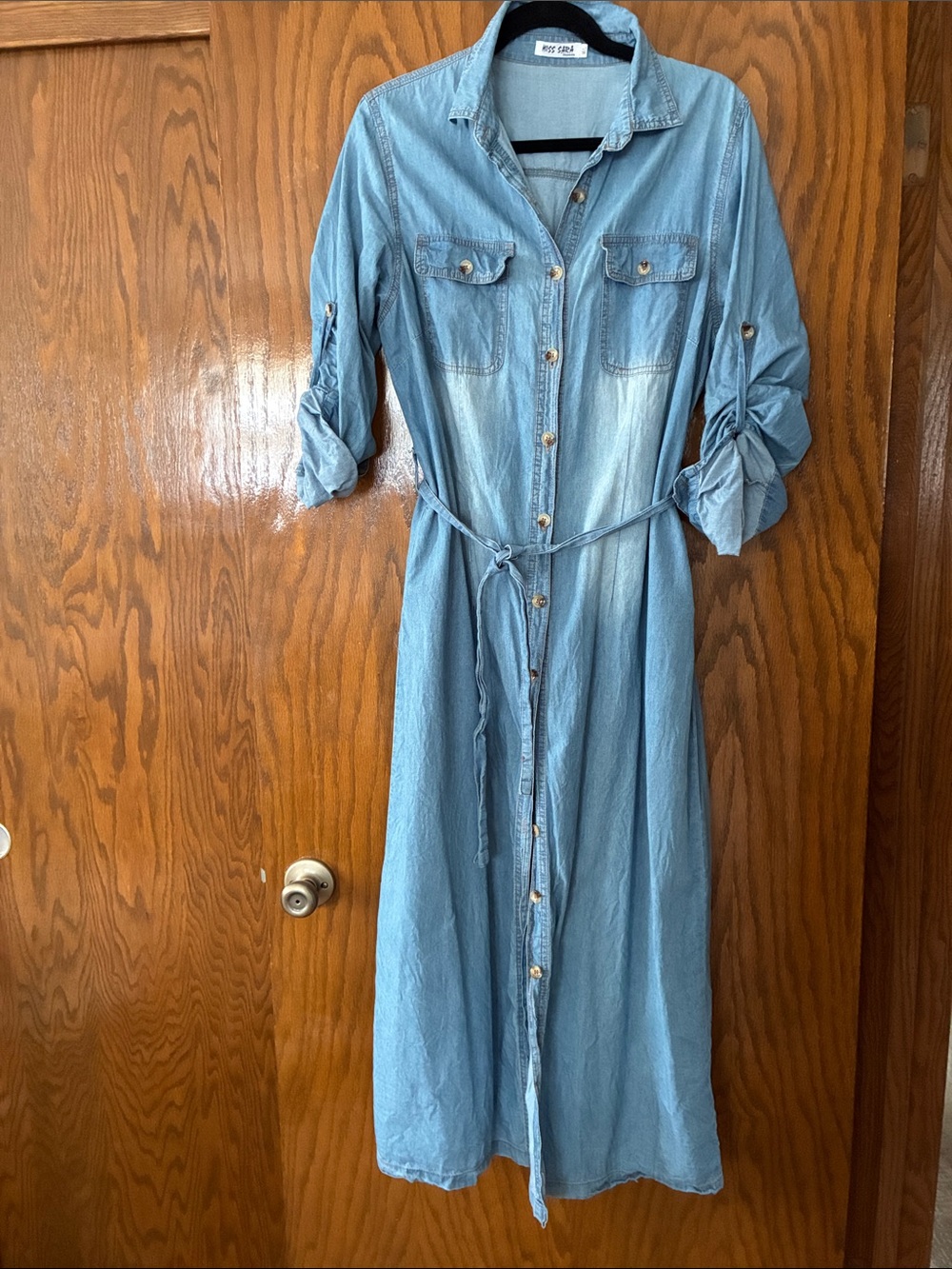 Light Wash Denim Maxi Shirt Dress with Tie Waist